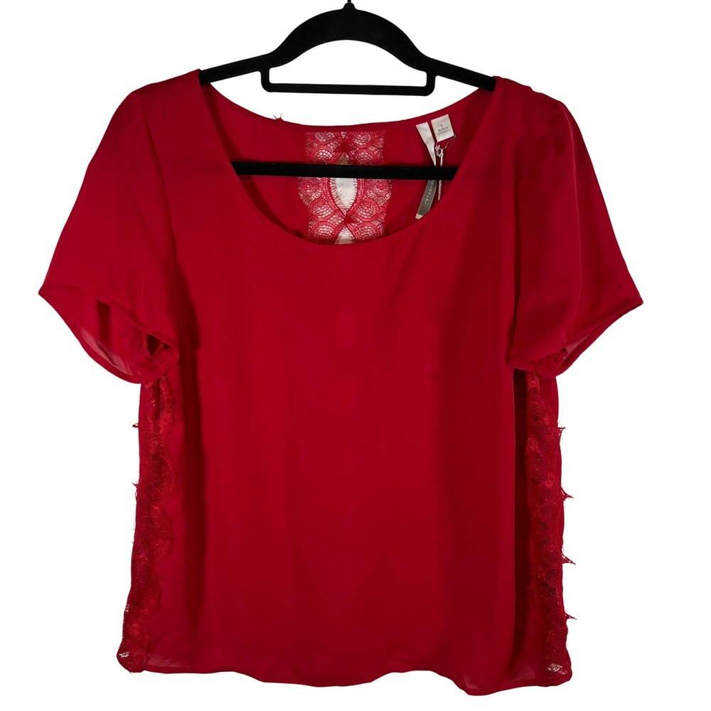 LC Lauren Conrad Women Red Lace Trim Back Cutout Short Sleeve Blouse NWT Large